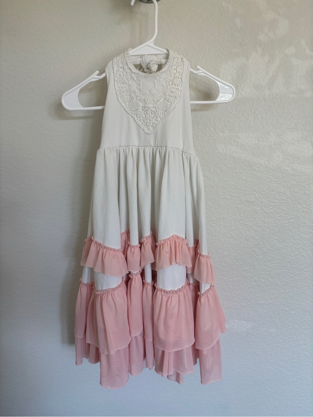 Oopsie Daisy Dollcake Girls Ivory & Pink Ruffle Tiered Halter Dress